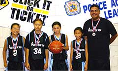 Photo: coach and team with basketball