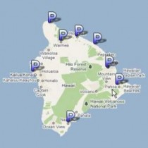 Image link of map of Hawaii Island with P symbols indicating the eight district police stations that are indicated below with link to Google map of same