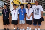 Age 9-12 Division, 1st Place—No Care: Shaun Kojima, Treysen Ishimoto, Jax Uyemura, Isaiah Nakoa-Oness, Guy Nakamoto (coach)